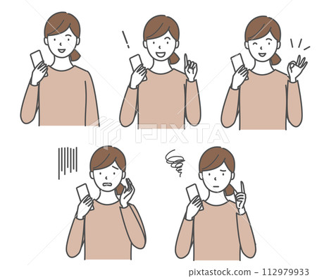 A set of women with various facial expressions operating smartphones A set of women with various facial expressions operating smartphones 112979933