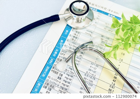 Health check items and stethoscope Health check items and stethoscope 112980074