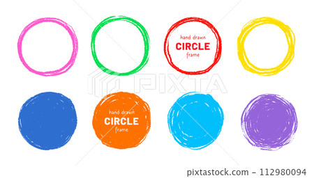 Scribble circle round vector frame. Hand drawn rough scribble effect line. Children color crayon brush stroke frame. Scribble hand drawn grunge doodle color circle set. Vector 112980094