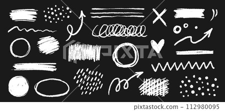 Chalk color pencil texture brush dot stroke vector element. Children crayon color brush stroke texture arrow, circle, underline shape. Hand drawn childish chalk pencil scribble. Vector 112980095