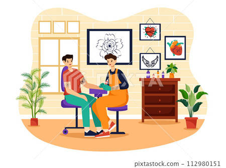 Tattoo Salon Vector Illustration of Tattooist from Designing, Drawing to Tattooing with Needle Machine and Ink Art in Flat Cartoon Background Design 112980151