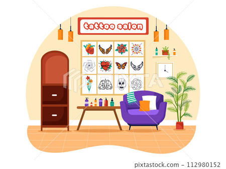 Tattoo Salon Vector Illustration of Tattooist from Designing, Drawing to Tattooing with Needle Machine and Ink Art in Flat Cartoon Background Design Tattoo Salon Vector Illustration of Tattooist from Designing, Drawing to Tattooing with Needle Machine and Ink Art in Flat Cartoon Background Design 112980152