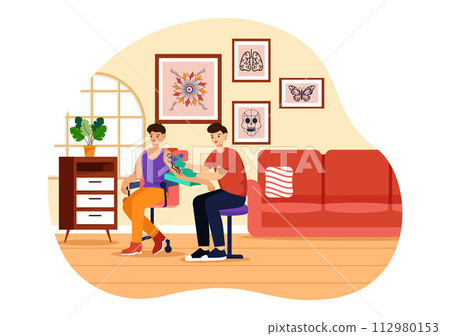 Tattoo Salon Vector Illustration of Tattooist from Designing, Drawing to Tattooing with Needle Machine and Ink Art in Flat Cartoon Background Design Tattoo Salon Vector Illustration of Tattooist from Designing, Drawing to Tattooing with Needle Machine and Ink Art in Flat Cartoon Background Design 112980153