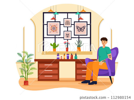 Tattoo Salon Vector Illustration of Tattooist from Designing, Drawing to Tattooing with Needle Machine and Ink Art in Flat Cartoon Background Design Tattoo Salon Vector Illustration of Tattooist from Designing, Drawing to Tattooing with Needle Machine and Ink Art in Flat Cartoon Background Design 112980154
