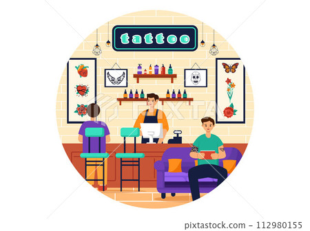 Tattoo Salon Vector Illustration of Tattooist from Designing, Drawing to Tattooing with Needle Machine and Ink Art in Flat Cartoon Background Design 112980155
