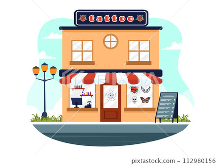 Tattoo Salon Vector Illustration of Tattooist from Designing, Drawing to Tattooing with Needle Machine and Ink Art in Flat Cartoon Background Design Tattoo Salon Vector Illustration of Tattooist from Designing, Drawing to Tattooing with Needle Machine and Ink Art in Flat Cartoon Background Design 112980156