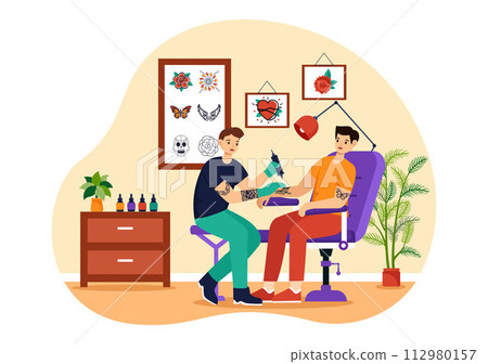 Tattoo Salon Vector Illustration of Tattooist from Designing, Drawing to Tattooing with Needle Machine and Ink Art in Flat Cartoon Background Design Tattoo Salon Vector Illustration of Tattooist from Designing, Drawing to Tattooing with Needle Machine and Ink Art in Flat Cartoon Background Design 112980157