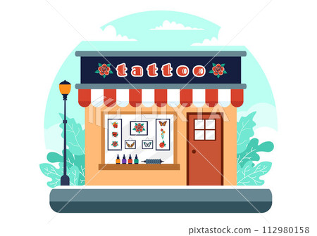 Tattoo Salon Vector Illustration of Tattooist from Designing, Drawing to Tattooing with Needle Machine and Ink Art in Flat Cartoon Background Design Tattoo Salon Vector Illustration of Tattooist from Designing, Drawing to Tattooing with Needle Machine and Ink Art in Flat Cartoon Background Design 112980158