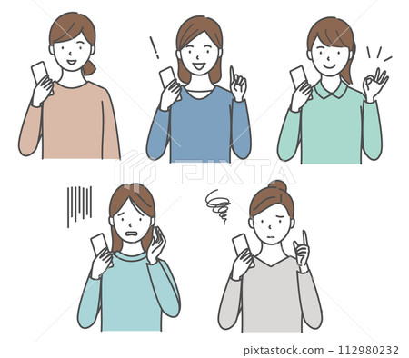 一群表情各異的女性拿著智慧型手機 一群表情各異的女性拿著智慧型手機 112980232