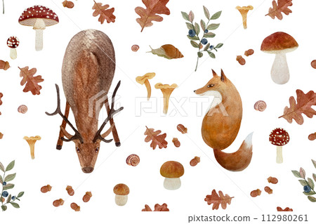 Autumn forest wild plants and animals watercolor seamless pattern isolated on white. 112980261