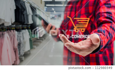 Businessman or customer hold smartphone with online shopping concept, marketplace website with virtual interface of online Shopping cart part of the e-commerce marketing network. 112980349
