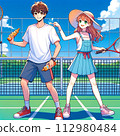 A man and a woman playing on the tennis court. Play with a smile while applying sunscreen A man and a woman playing on the tennis court. Play with a smile while applying sunscreen 112980484