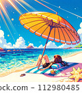 A woman lying on a white sand beach. Blocking the sun while holding a parasol A woman lying on a white sand beach. Blocking the sun while holding a parasol 112980485