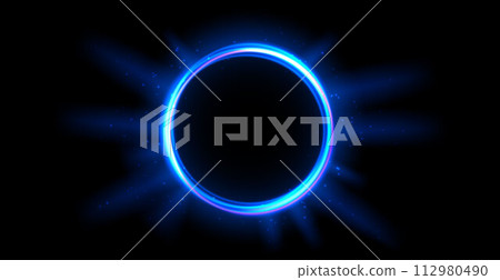 Blue glowing portal concept. Neon hologram teleport on black background. Circle digital gate with aura and beams and rays. Round flare podium template for game, ui, interface. Vector illustration 112980490