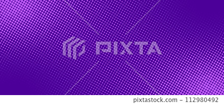 Purple halftone gradient texture. Violet dotted comic style background. Abstract pop art cartoon backdrop for banner, flyer, leaflet, brochure, booklet, cover. Vector colorful dot grain wallpaper 112980492
