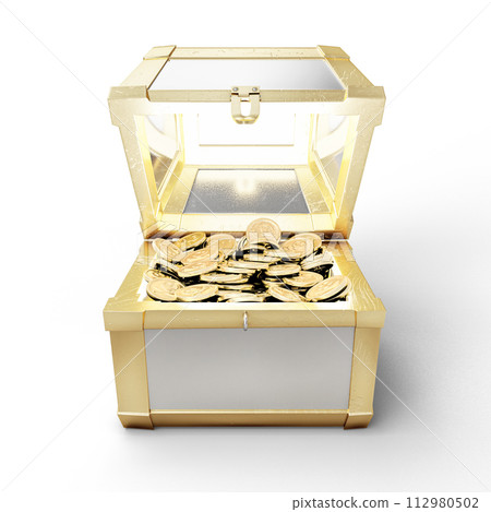Opened Chest from Gold and Silver with Gold Coins Isolated on White Background. 3D Illustration. File with Clipping Path. 112980502