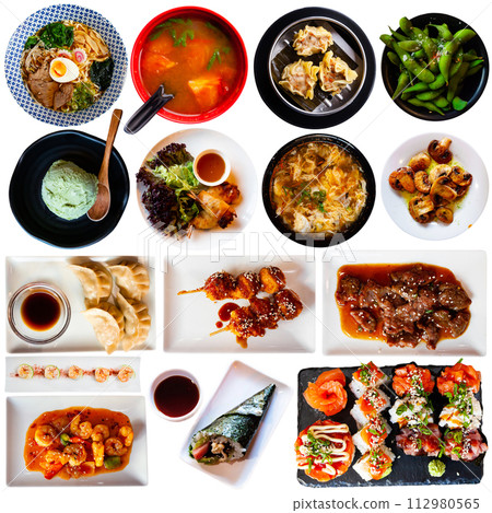 Tasty different dishes of japanese cuisine served at plates Tasty different dishes of japanese cuisine served at plates 112980565