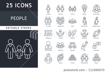 Set of line icons related to people, group, family, human, team, community, friends, population and senior icons. Set of line icons related to people, group, family, human, team, community, friends, population and senior icons. 112980670