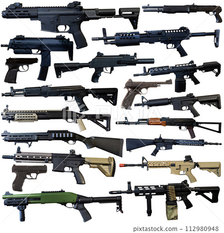 Set of various weapons on white background Set of various weapons on white background 112980948