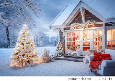 AI-generated content. Beautiful winter landscape with snow covered trees and decorated house with Christmas tree. 112981213