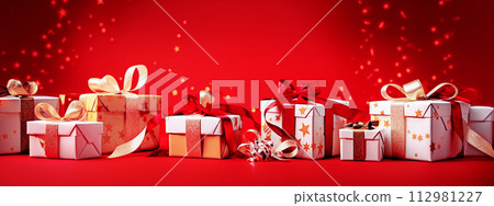 AI-generated content. Gift boxes on red background with bokeh. Christmas and New Year concept. Selective focus 112981227