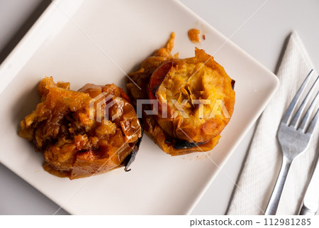 Baked apple served on platter for dessert Baked apple served on platter for dessert 112981285