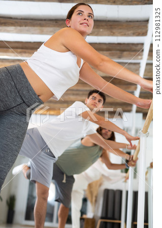 Ballet dancers warm up at the barre in dance studio 112981325