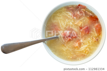 Soup with noodles and minced meat. Hearty lunch Soup with noodles and minced meat. Hearty lunch 112981334