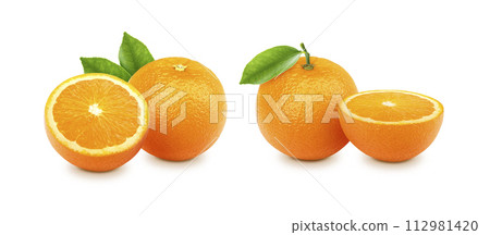 Orange with sliced and green leaves isolated on white background 112981420