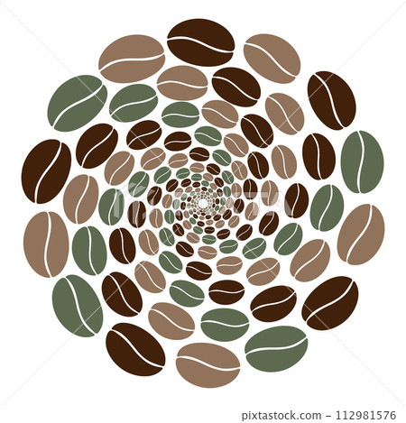 Abstract circle shape of multicolored coffee beans moving in a spiral in trendy brown and green 112981576
