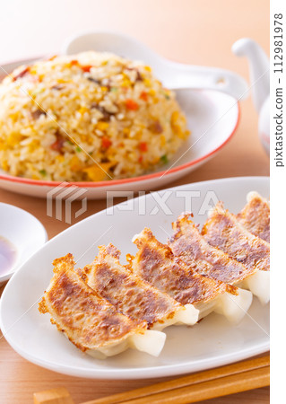 在中餐館吃煎餃炒飯 112981978