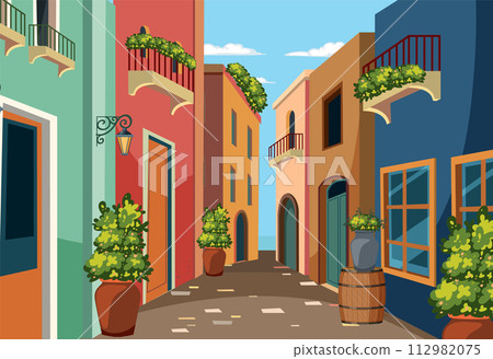 Colorful Mediterranean Alleyway Illustration 112982075