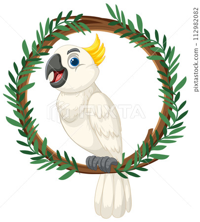 Cheerful Cockatoo in a Leafy Wreath 112982082