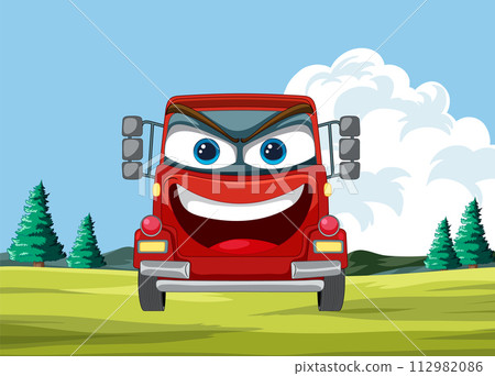 Happy Cartoon Car on a Sunny Day 112982086