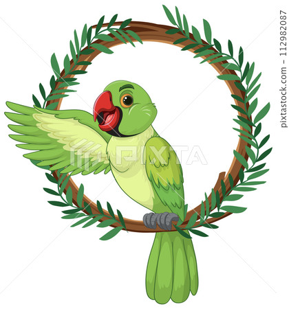 Joyful Parrot in a Leafy Wreath 112982087