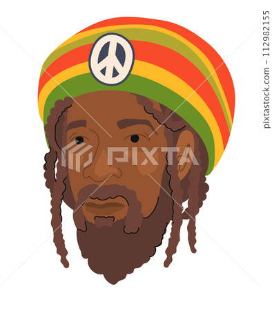 A man in a voluminous cap and a traditional ethnic costume in the color of the Rastafarian flag. A Jamaican with dreadlocks. Vector flat illustration for poster, sticker or logo of reggae music themes 112982155
