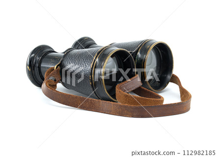 Binoculars with brown leather straps isolated on white Binoculars with brown leather straps isolated on white 112982185