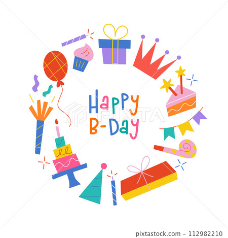 Birthday card with cake, candle, whistle. Template for greeting card, happy birthday lettering, vector arrangement with confetti, gift boxes, childish poster, cute postcard design for party 112982210