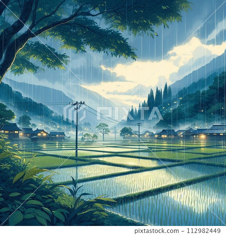 Clouds and rain reflected in the rice field 112982449