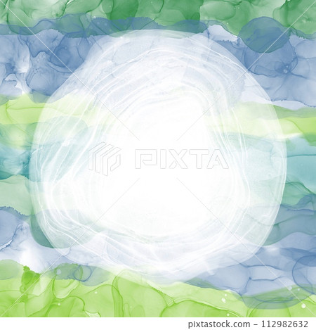 Alcohol ink art abstract square background template. White rough circles on yellow-green, green, and blue horizontal stripes 112982632