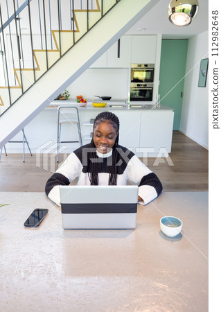 Cheerful Woman Working on Laptop in Modern Kitchen Interior 112982648