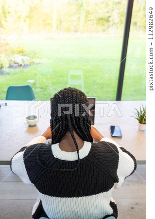 Rear View of Woman Working on Tablet in Bright Home Office 112982649