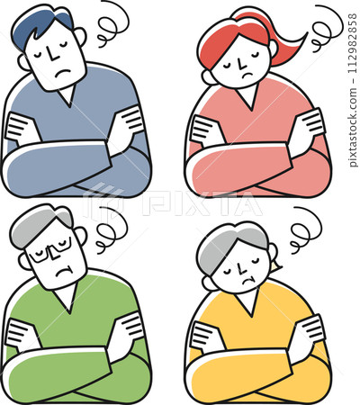 Upper body set of young men and women and senior men and women who are thinking with their arms crossed Upper body set of young men and women and senior men and women who are thinking with their arms crossed 112982858