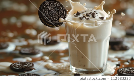falling cookies in splashes of milk 112983223