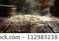 flour scattering on wooden background 112983238