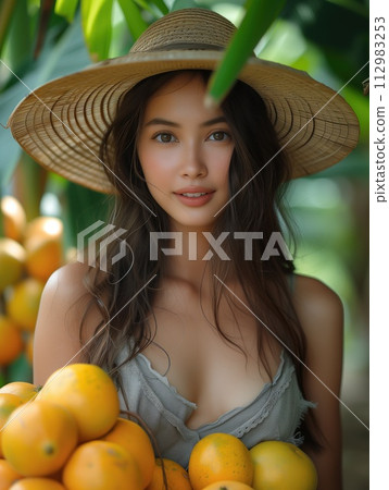 Portrait of an Asian woman fruit seller 112983253