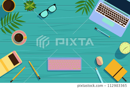 Office Supplies on Work Table with Copy Space on Green Wooden Background 112983365