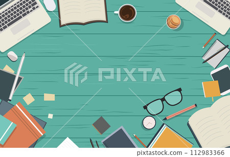 Office Supplies on Work Table with Copy Space on Green Wooden Background 112983366