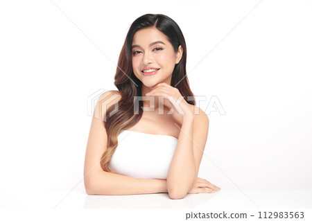 Beautiful young asian woman with clean fresh skin on white background, Face care, Facial treatment, Cosmetology, beauty and spa, Asian women portrait. 112983563
