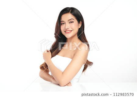 Beautiful young asian woman with clean fresh skin on white background, Face care, Facial treatment, Cosmetology, beauty and spa, Asian women portrait. 112983570